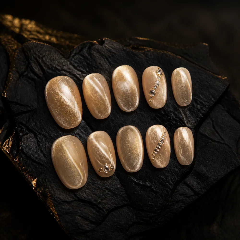 Champagne Crystal Glaze cat-eye press-on nail set